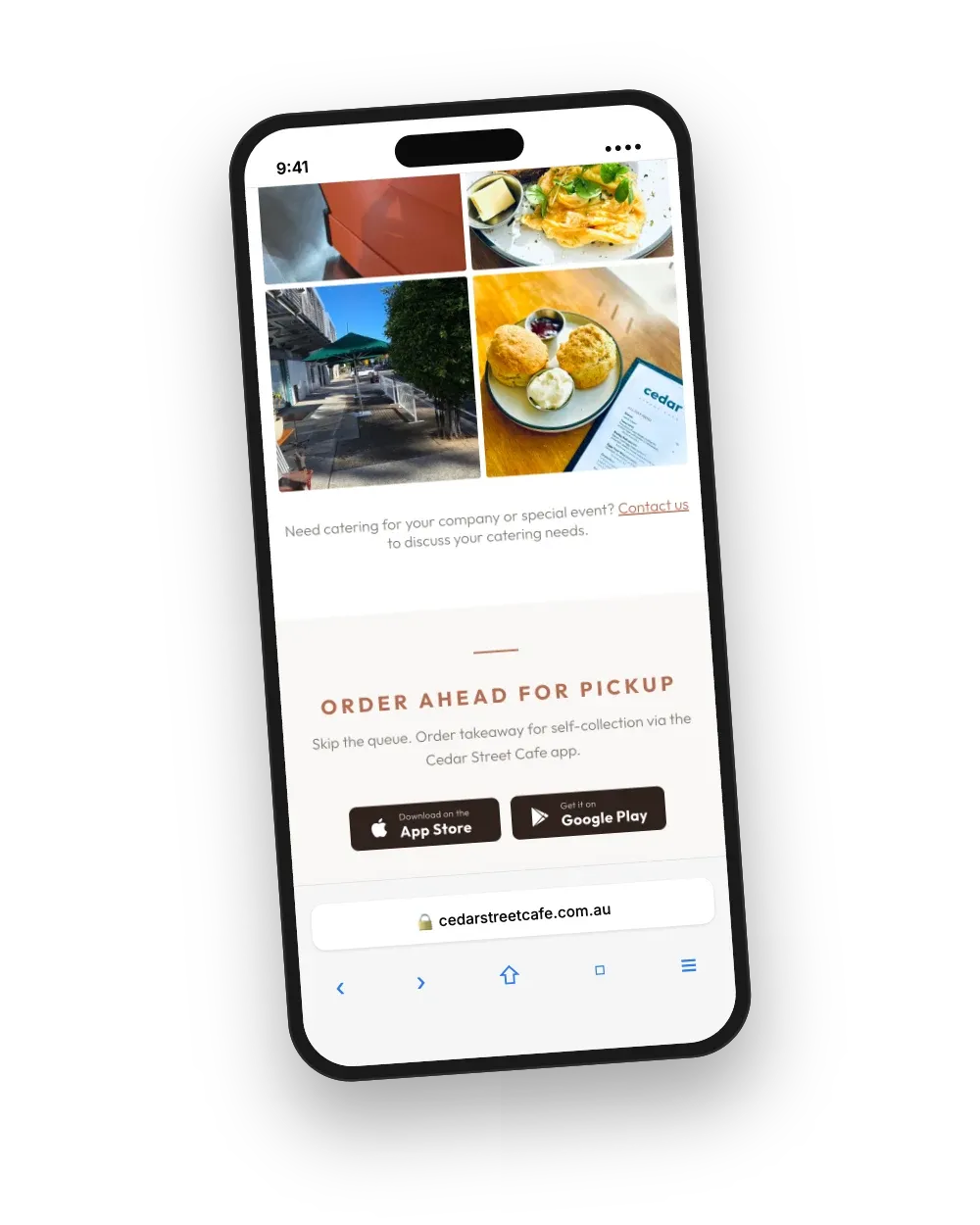 Web design Melbourne: Cedar Street Cafe mobile site with catering enquiries and order-ahead app links
