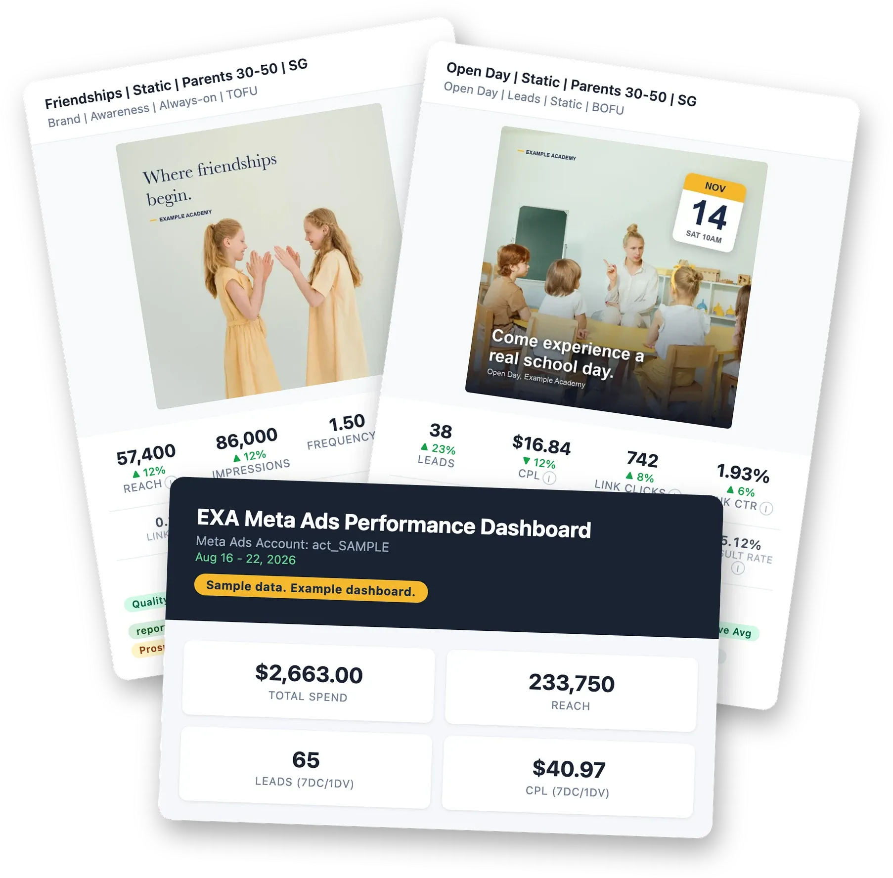 Sample Meta ads report showing a brand ad, a lead ad and top-line results