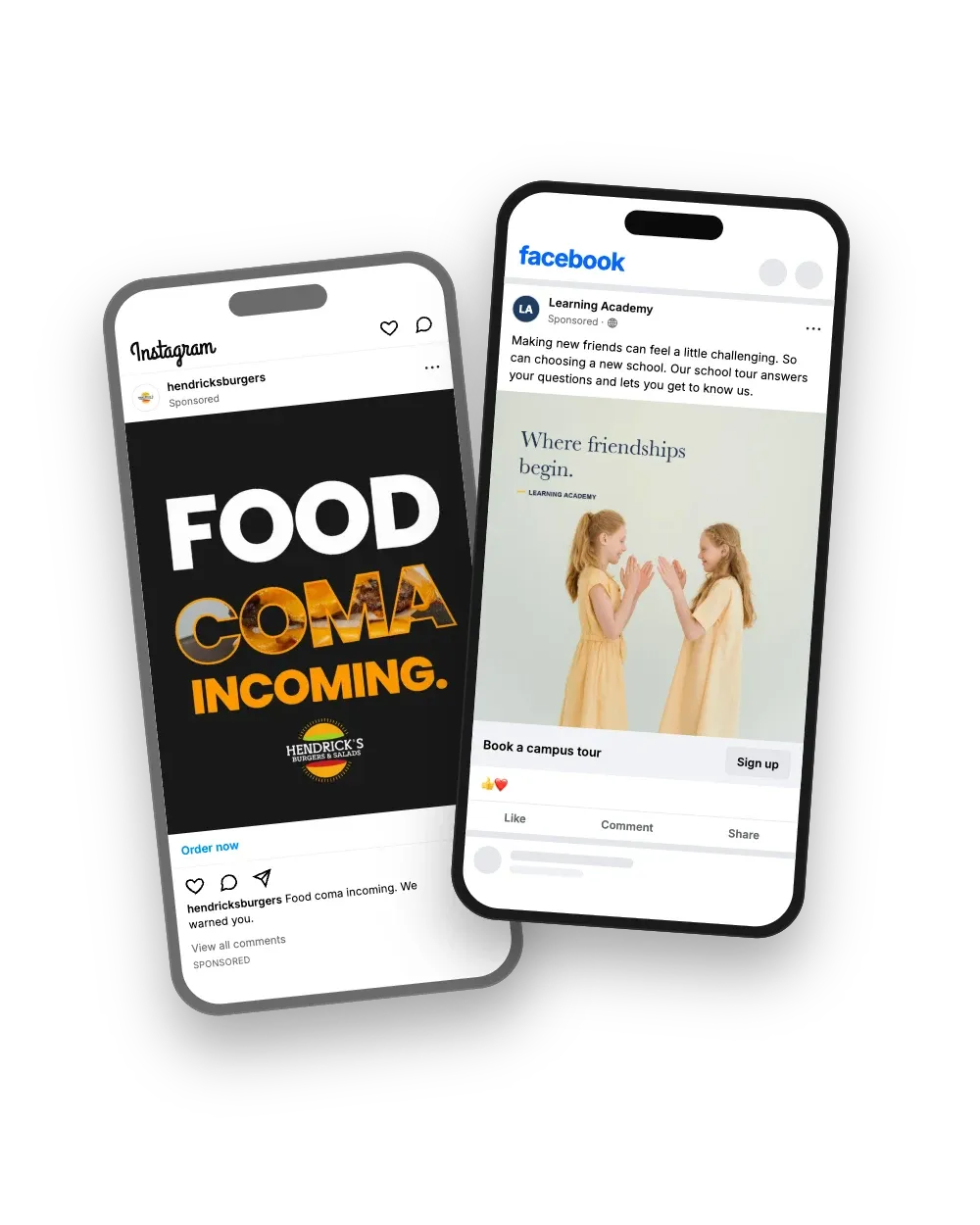 Facebook and Instagram ad concepts: a burger restaurant Instagram feed ad and a school Facebook lead ad on two phones