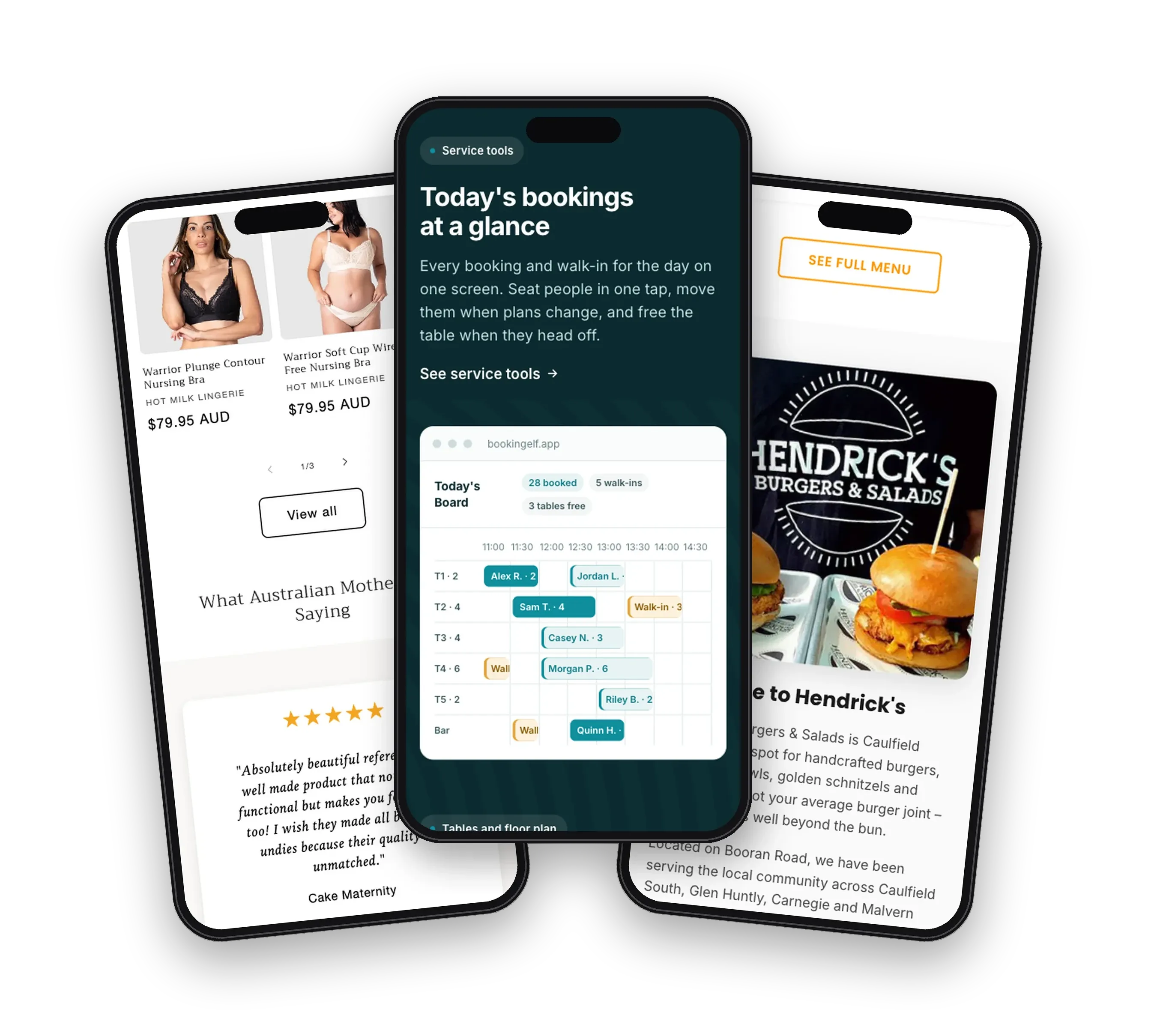 Mobile pages for Mumgerie, BookingElf and Hendrick's Burgers & Salads