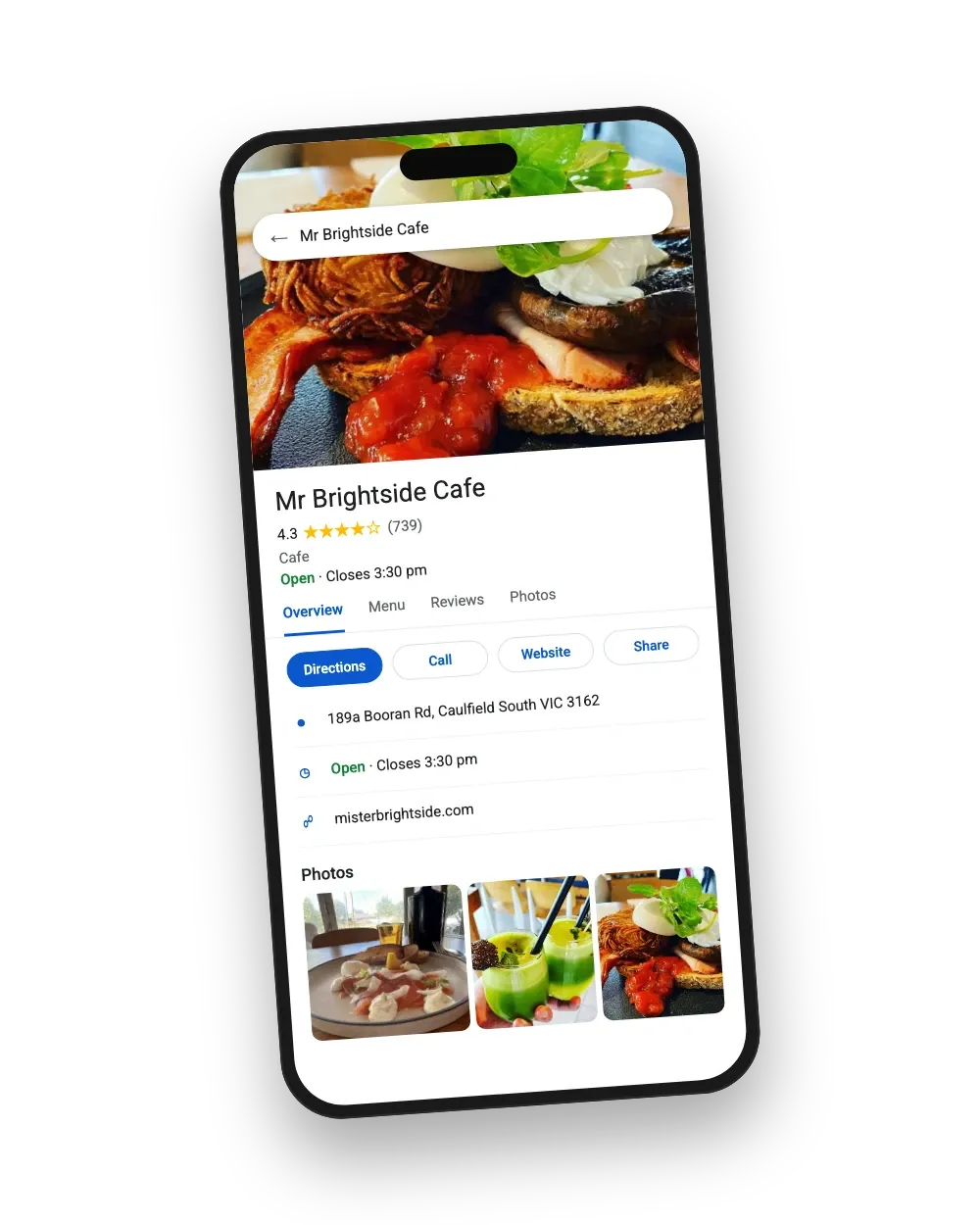 Mr Brightside Cafe Google Maps listing on a phone, local SEO by an SEO consultant in Melbourne