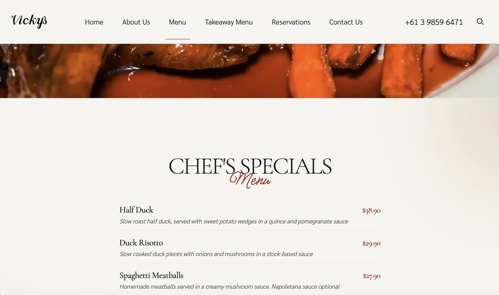 Vicky's restaurant website menu page with chef's specials